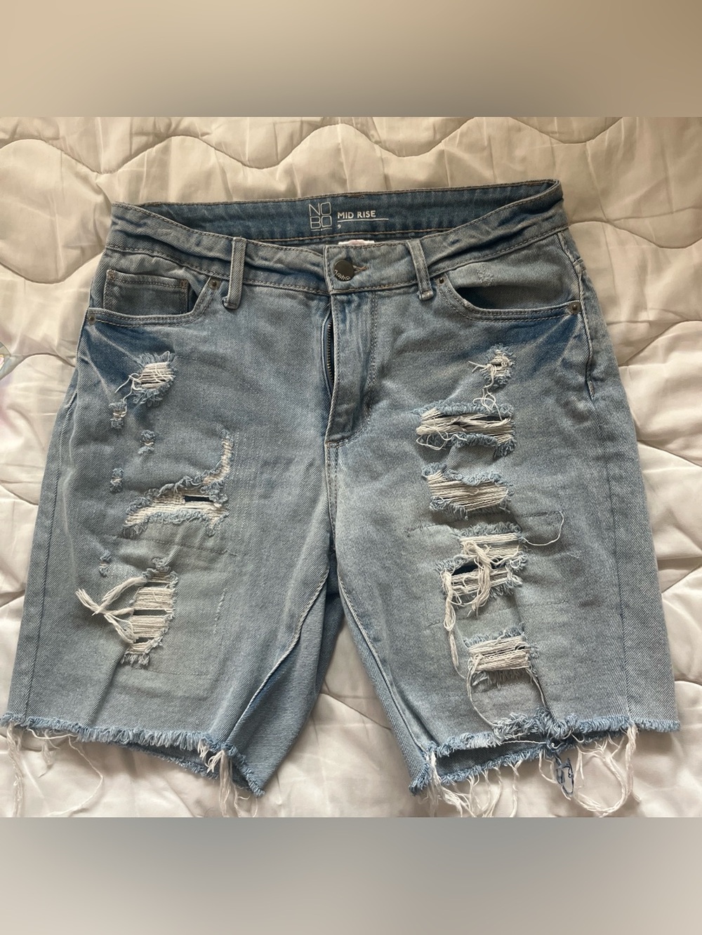 No Boundaries Mid-Rise Light Blue Distressed Women's Denim Shorts